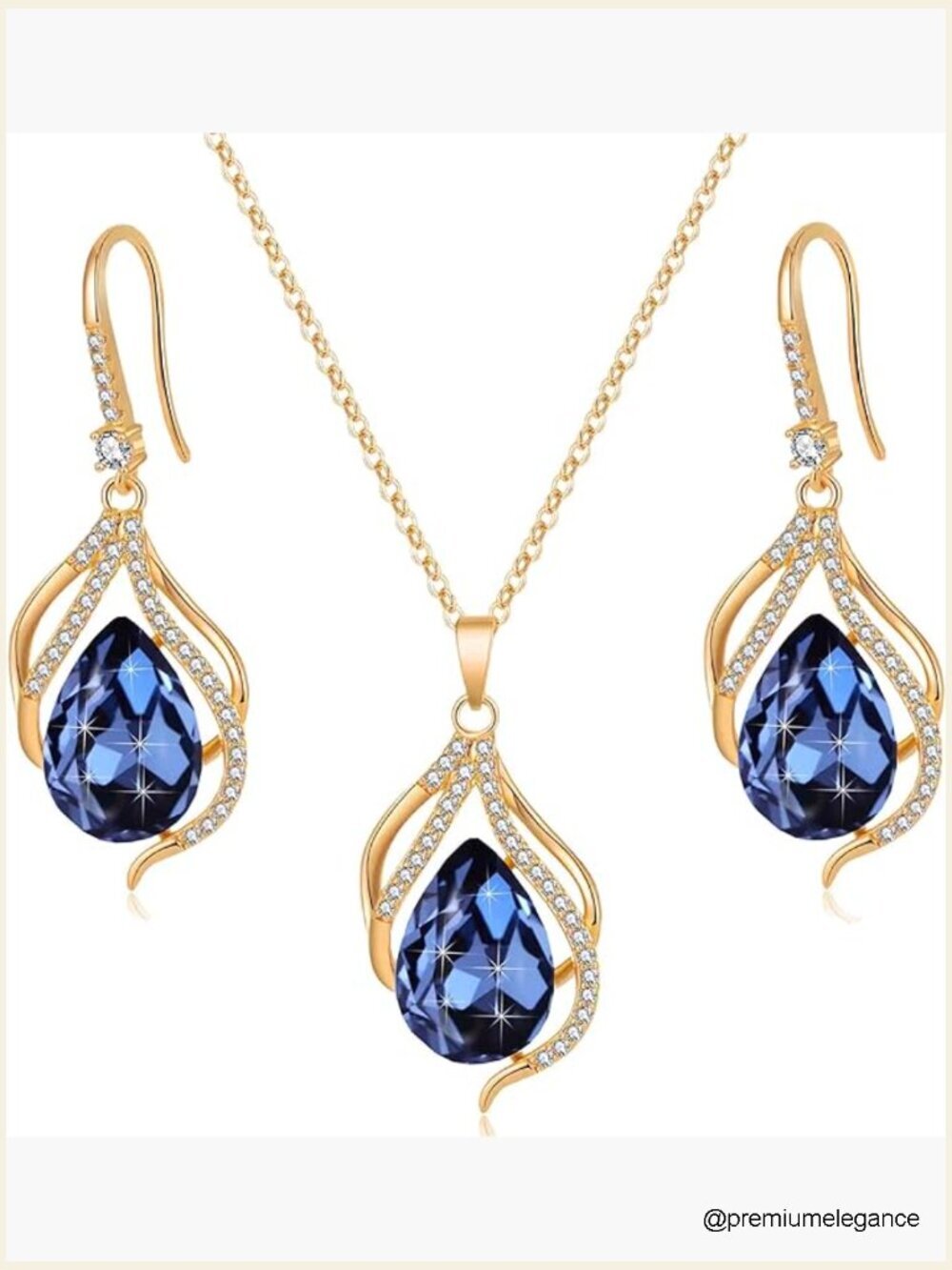 Austrian Crystal Teardrop Pendant Necklace and Drop Earrings Set 14K Gold Plated